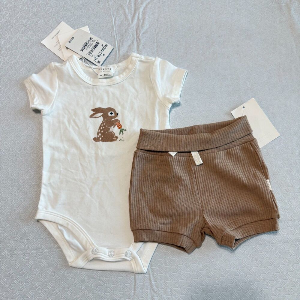 Firsts by Petit Lem 2pc Bunny Bodysuit & Ribbed Shorts Set 3M NWT